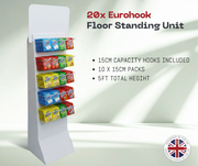A white Eurohook floor standing display unit with multiple hanging slots, shown holding assorted packaged items. Text on the image reads '20x Eurohook Floor Standing Unit' and lists 15cm capacity hooks, 10 x 15cm packs, and 5ft total height.